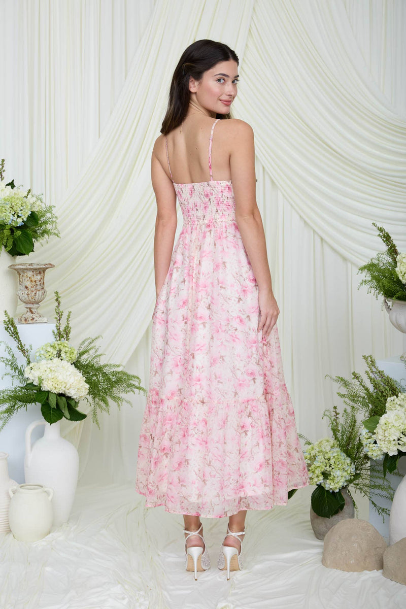 Pink Floral Corset Midi Dress Medium