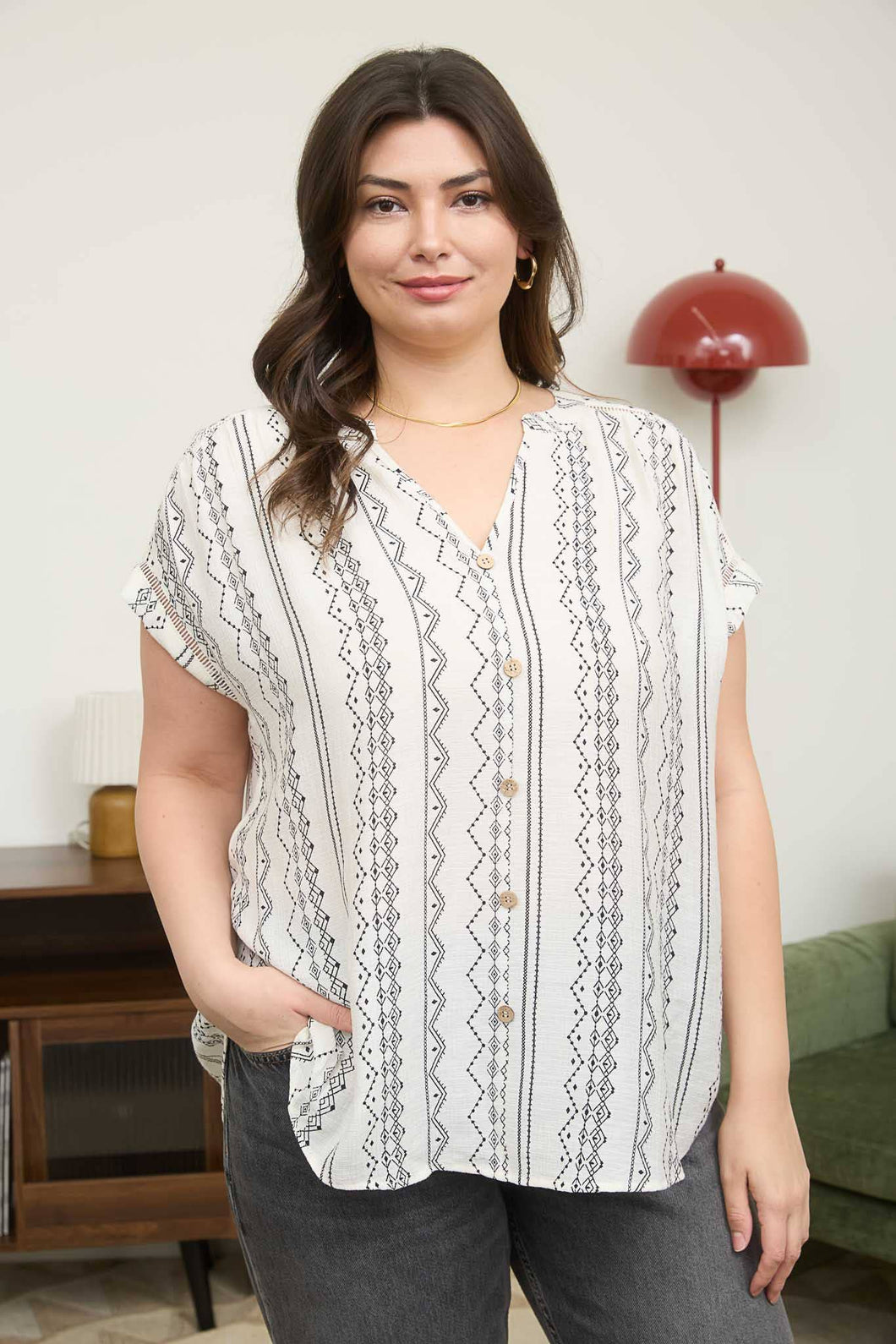 Black Geo Pattern Button Down Top