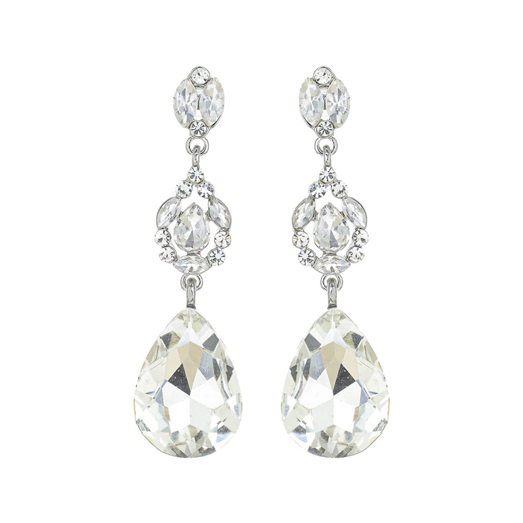Silver 3 Tier Teardrop Rhinestone Earrings