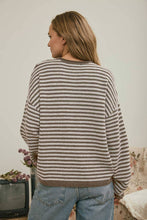 Load image into Gallery viewer, BUTTON HENLEY STRIPE LONG SLEEVE DROP SHOULDER SWEATER: BURGUNDY