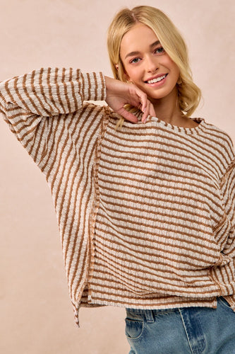 Camel Textured Stripe Knit Top Open Seam Detail