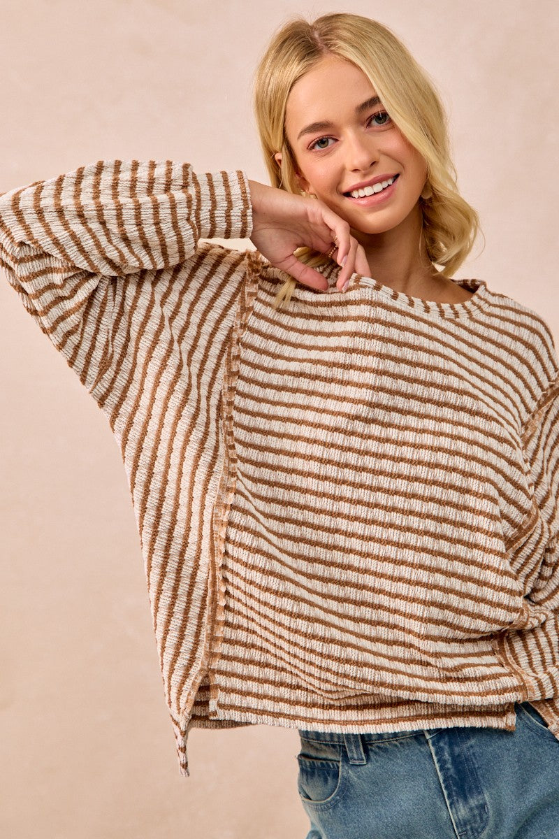 Camel Textured Stripe Knit Top Open Seam Detail