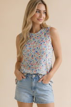Load image into Gallery viewer, Ivory &amp; Blue Floral Banded Tank