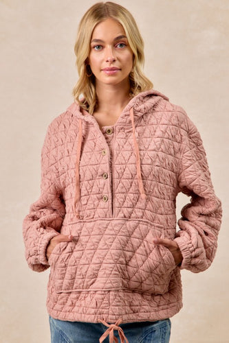 Quilting Knit Buttoned Hoodie Top With Pocket