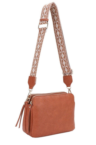 Mila 3 Compartment Crossbody Bag With Guitar Strap: Brown