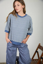 Load image into Gallery viewer, TEXTURED STRIPE DROP SHOULDER KNIT TOP: LIGHT DENIM