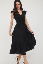 Load image into Gallery viewer, Black Ruffle Shirred Waist Midi Dress