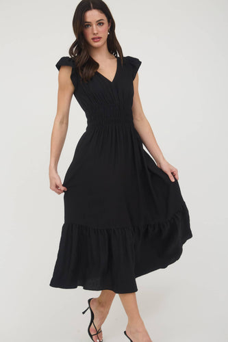 Black Ruffle Shirred Waist Midi Dress