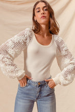 Load image into Gallery viewer, White Rib Knit Top With Lace Balloon Sleeves