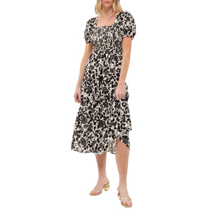 Black Floral Sq Neck Smocked Midi Dress