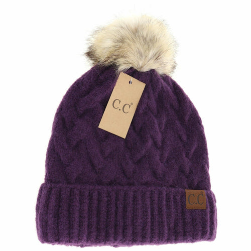 Chunky Braided Cable Knit Fur Pom C.C Beanie in Purple