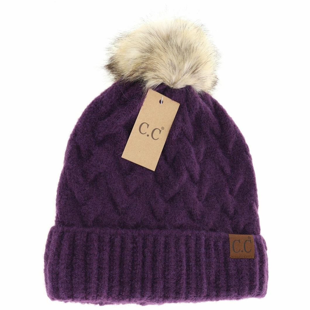 Chunky Braided Cable Knit Fur Pom C.C Beanie in Purple