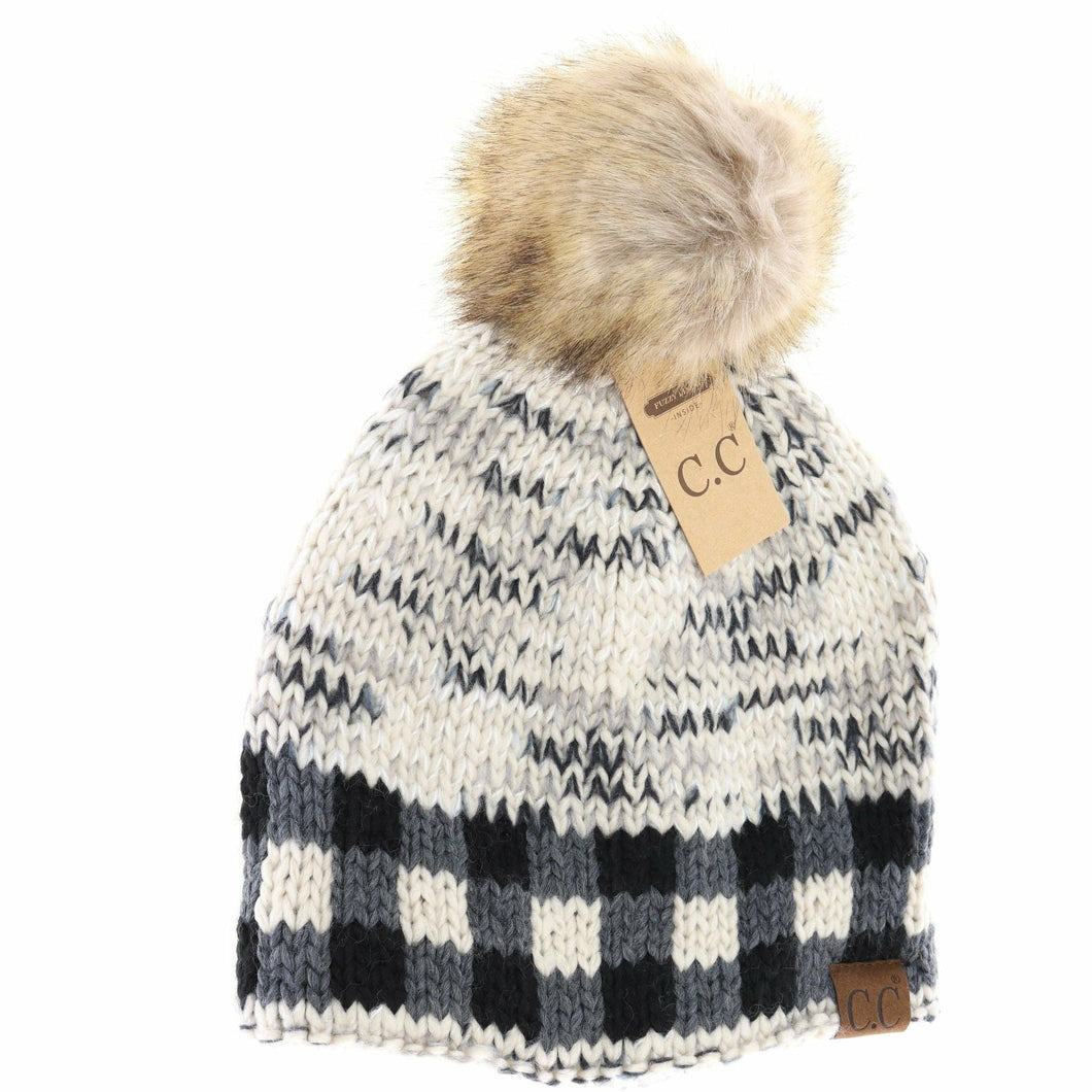 Buffalo Check Mixed Print Fur Pom C.C Beanie in Ivory