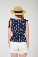 Load image into Gallery viewer, Navy Bow Pattern Tie Shoulder Tank