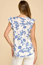 Load image into Gallery viewer, Blue Floral V-Neck Ruffle Top