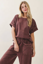 Load image into Gallery viewer, Hot Cocoa Mineral Washed Flower Trimmed Shoulder Top