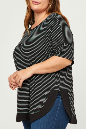 Ribbed Stripe Shirt Tail Banded Dolman Top