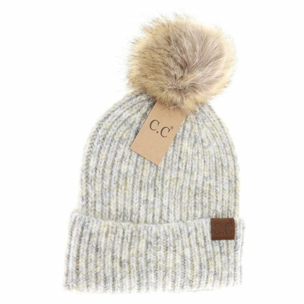 Soft Ribbed Fur Pom C.C Beanie - Lemonade Multi