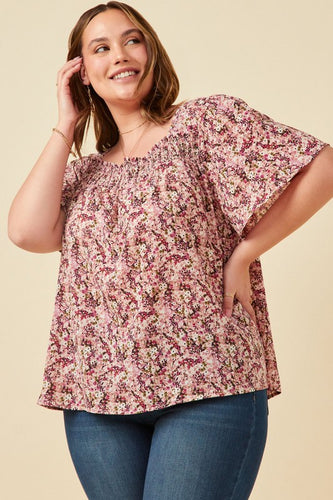 Floral Flutter Sleeve Smocked Square Neck Top