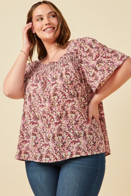 Floral Flutter Sleeve Smocked Square Neck Top