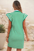 Load image into Gallery viewer, Green Stripe Print Contrast Collar Split Neck Short Dress
