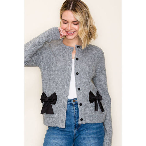 Grey Bow Button Down Cardigan