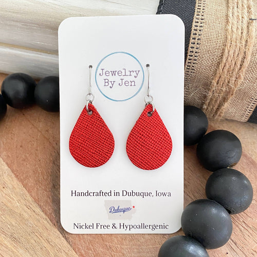 Small Teardrop Earrings: Red Metallic Saffiano