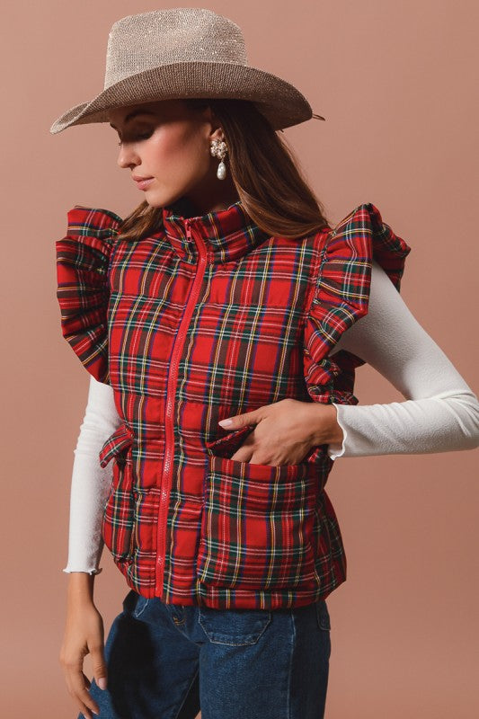Checker Plaid Puffer Vest With Ruffles