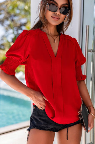 Red Half Sleeve V Neck Top