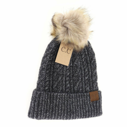 Soft Cuff Cable Knit Fur Pom C.C Beanie in Black