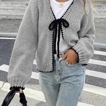 Grey Tie Front Cardigan Sweater