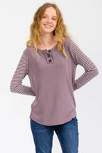 Load image into Gallery viewer, Mulberry Stripe Contrast Button Front Pullover Top