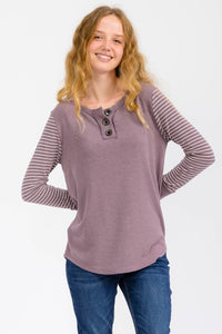 Mulberry Stripe Contrast Button Front Pullover Top