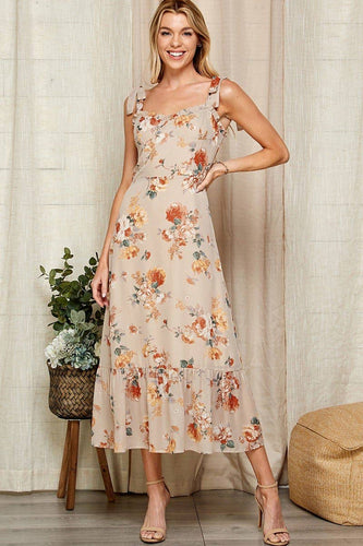 Nude Bloom Tie-Strap Midi Dress