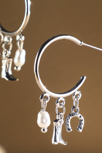 Western Multi Charm Hoop Earrings: SILVER