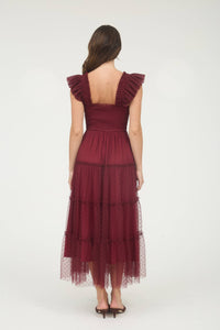 Burgundy Polka Dot Chiffon Smocked Midi Dress
