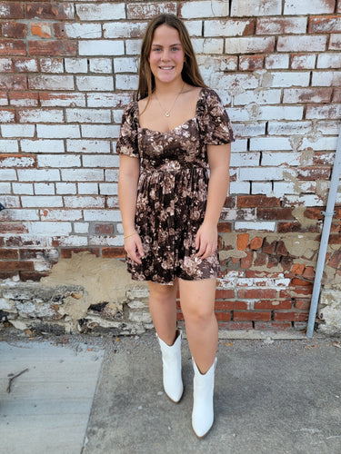 Brown Floral Velvet Puff Sleeve Dress