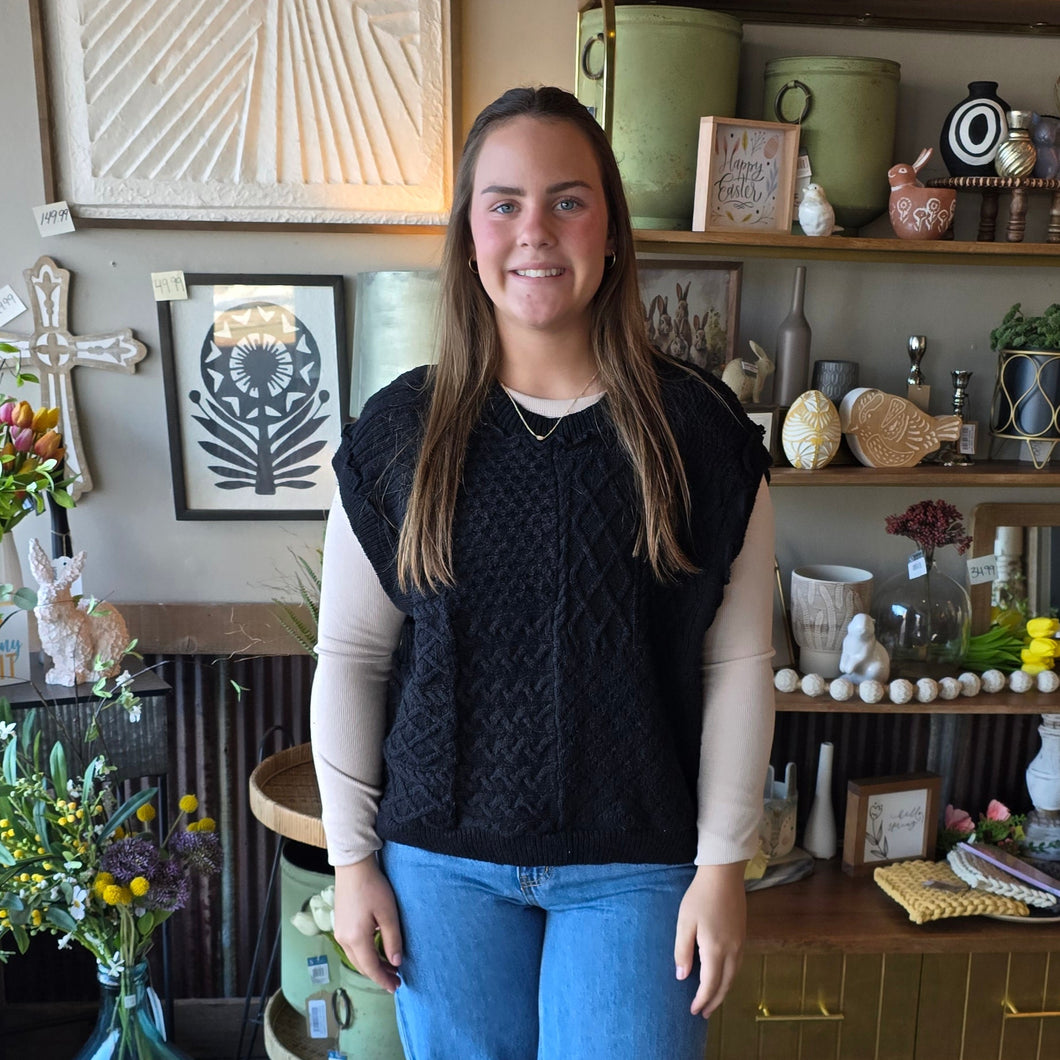Black Mixed Cable Knit Sweater Vest
