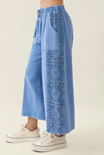 Load image into Gallery viewer, Denim Blue Mineral Washed Boho Trim Wide Leg Pant