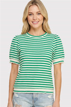 Load image into Gallery viewer, Green Stripe Ruffle Trim Sleeve Top