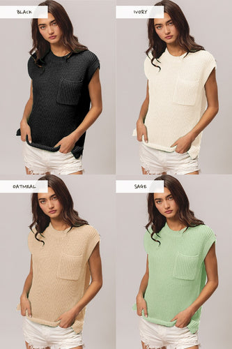 Patch Pocket Sleeveless Midweight Sweater Top