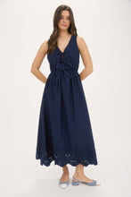 Load image into Gallery viewer, Navy Front Bow Eyelet Midi Dress