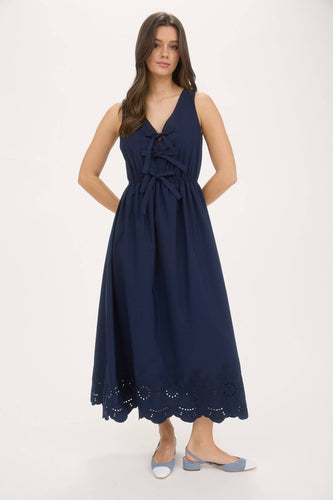 Navy Front Bow Eyelet Midi Dress