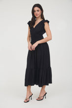Load image into Gallery viewer, Black Ruffle Shirred Waist Midi Dress