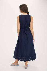 Navy Front Bow Eyelet Midi Dress