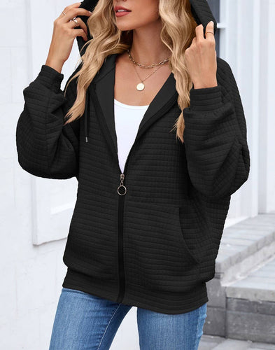 Black Textured Hooded Zip Up Jacket