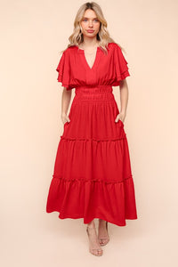 Red Notched Neck Maxi Dress