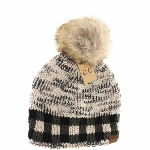 Buffalo Check Mixed Print Fur Pom C.C Beanie in Beige