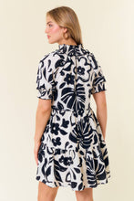 Load image into Gallery viewer, Black Floral Smocked Split V-Neck Puff Dress