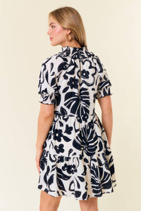 Black Floral Smocked Split V-Neck Puff Dress